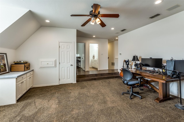 office space with recessed lighting, visible vents, carpet, and ceiling fan