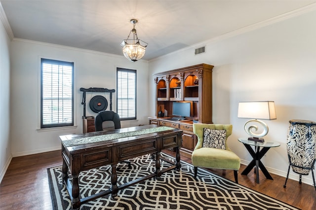 home office featuring dark wood finished floors, a chandelier, crown molding, and baseboards