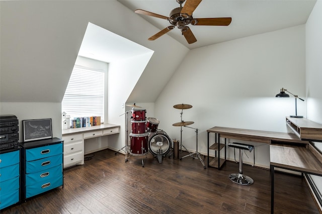 home office featuring vaulted ceiling, baseboards, dark wood-style flooring, and ceiling fan