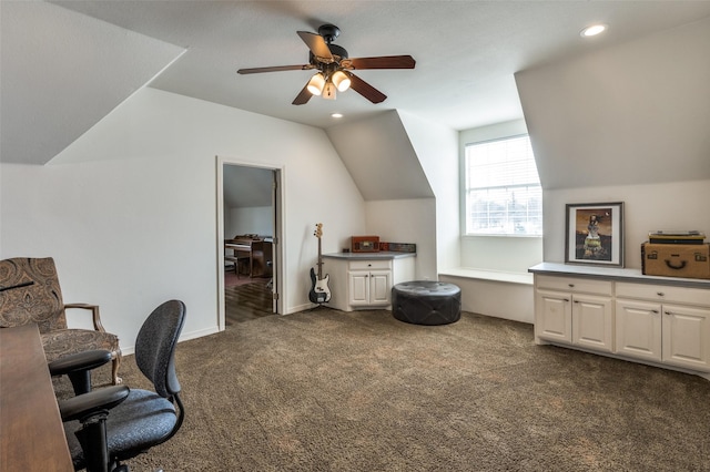 office area with lofted ceiling, recessed lighting, dark colored carpet, baseboards, and ceiling fan