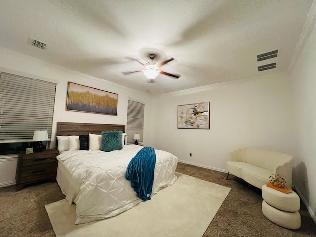 16309 Stillhouse Hollow Ct, Prosper, TX 75078 - carpeted bedroom with ornamental molding, visible vents, baseboards, and a ceiling fan