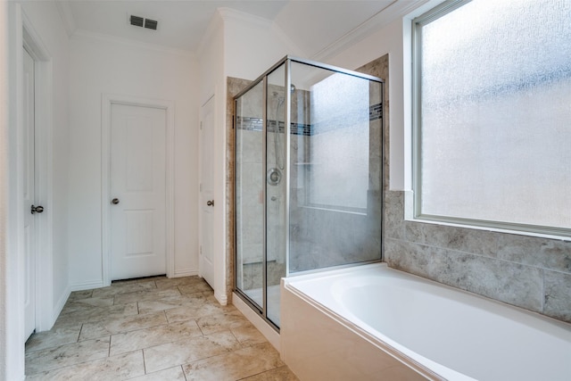 full bath featuring visible vents, a bath, a stall shower, and ornamental molding