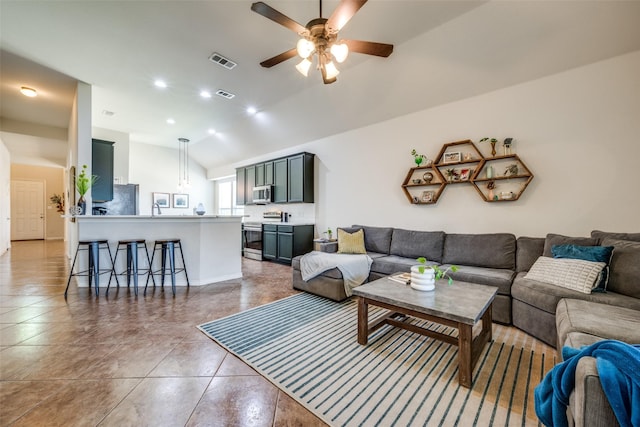 living room with lofted ceiling, recessed lighting, visible vents, and ceiling fan