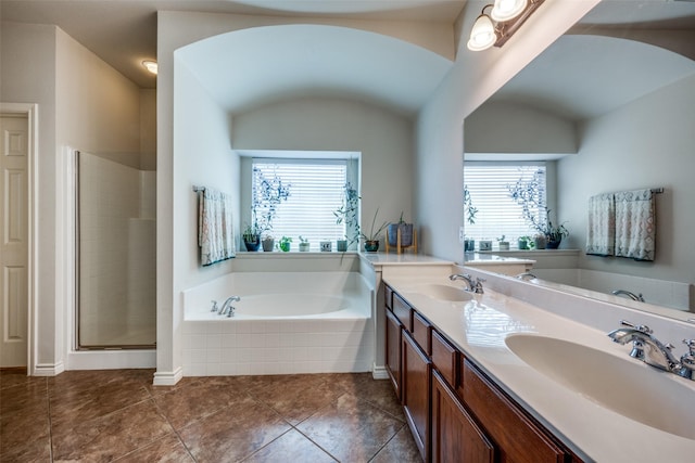 bathroom featuring a sink, a garden tub, and a wealth of natural light