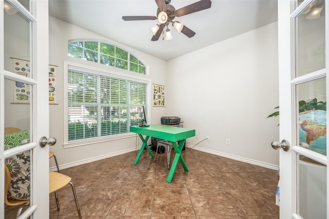 playroom featuring baseboards, a ceiling fan, and vaulted ceiling