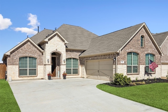 french country inspired facade featuring concrete driveway, a front yard, a shingled roof, a garage, and brick siding