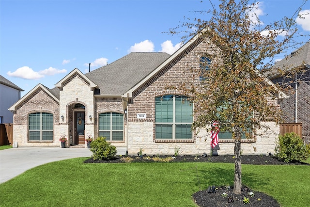 french country home featuring a front yard, brick siding, stone siding, and roof with shingles