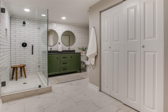 1311 Cedar Hill Ave, Dallas, TX 75208 - full bath featuring a closet, a shower stall, marble finish floors, vanity, and toilet