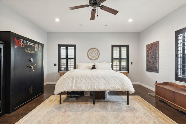 bedroom featuring recessed lighting, baseboards, and a ceiling fan