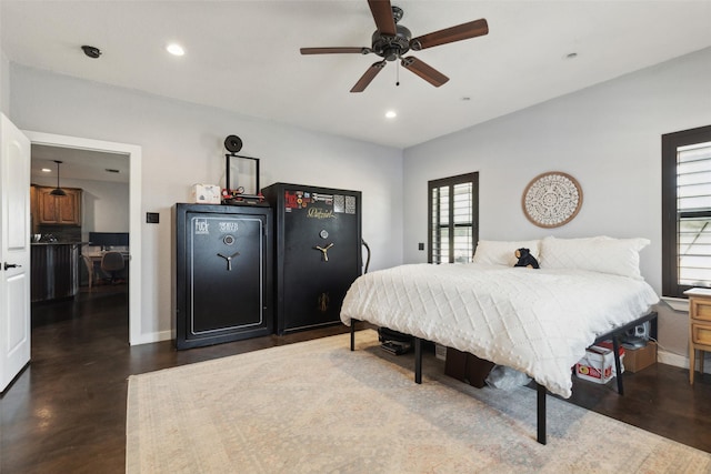 bedroom featuring recessed lighting, baseboards, and a ceiling fan