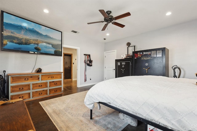 bedroom featuring recessed lighting, visible vents, wood finished floors, and a ceiling fan