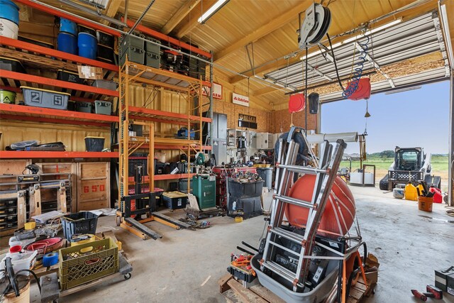 garage with a workshop area