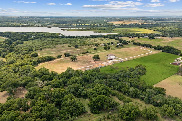 aerial view with a forest view and a water view