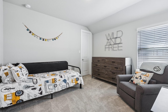 bedroom with carpet flooring and vaulted ceiling