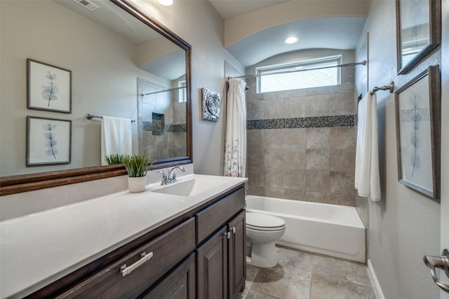 full bathroom with baseboards, toilet, vanity, and shower / bath combination with curtain