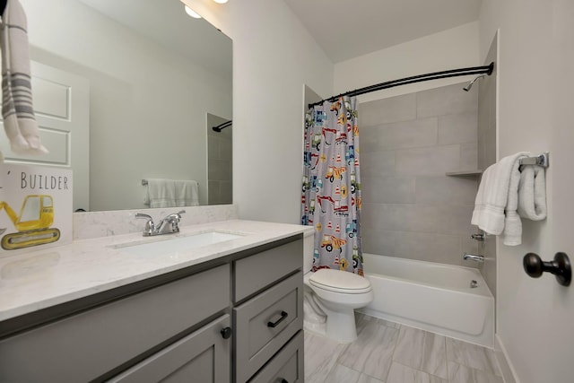 bathroom featuring toilet, vanity, and shower / bathtub combination with curtain