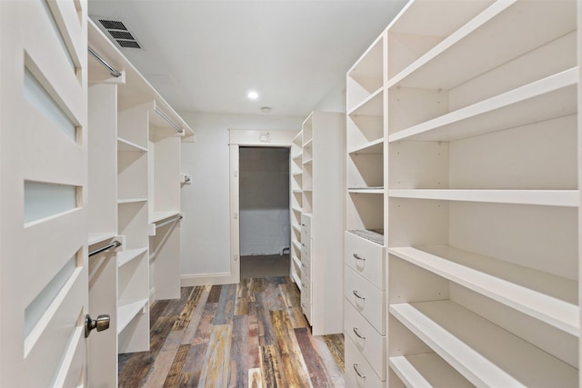 spacious closet featuring visible vents and dark wood finished floors