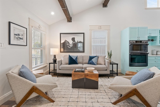 living area featuring beamed ceiling, recessed lighting, high vaulted ceiling, and baseboards