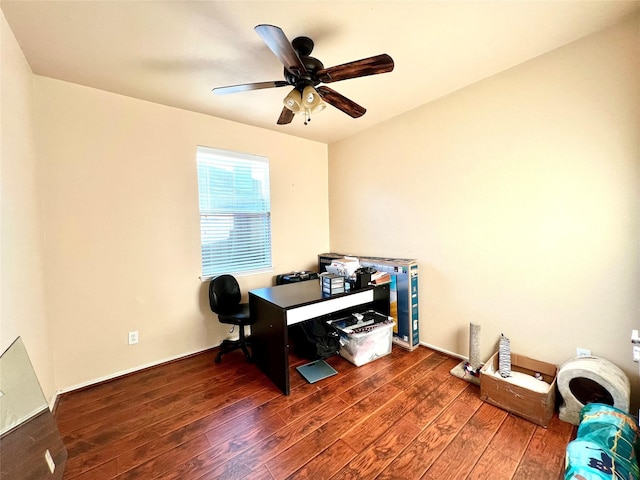 office space featuring ceiling fan and wood finished floors