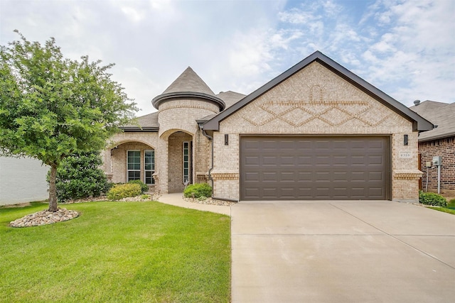 6328 Red Cliff Dr, Fort Worth, TX 76179 - french country style house featuring brick siding, driveway, a front lawn, and a garage