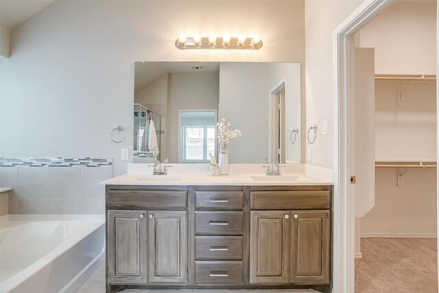 6328 Red Cliff Dr, Fort Worth, TX 76179 - bathroom with double vanity, a bath, a spacious closet, and a shower stall