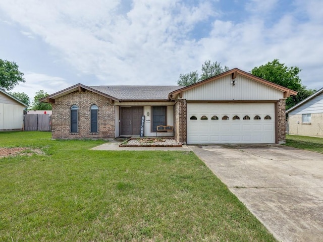 ranch-style home featuring fence, driveway, an attached garage, a front lawn, and brick siding