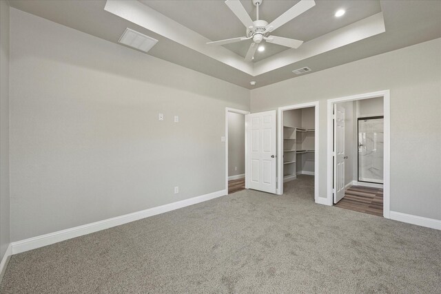 unfurnished bedroom with a spacious closet, baseboards, carpet, a tray ceiling, and a closet