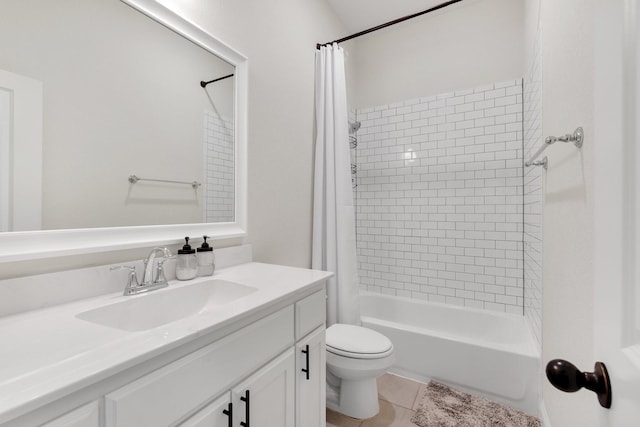 bathroom with tile patterned flooring, vanity, toilet, and shower / tub combo with curtain