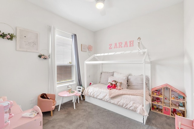 bedroom featuring carpet flooring and ceiling fan