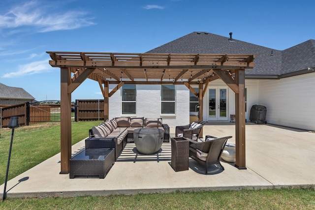 view of patio / terrace featuring fence, french doors, a pergola, and an outdoor hangout area