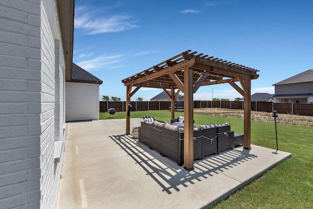 view of patio with an outdoor hangout area, a pergola, and a fenced backyard