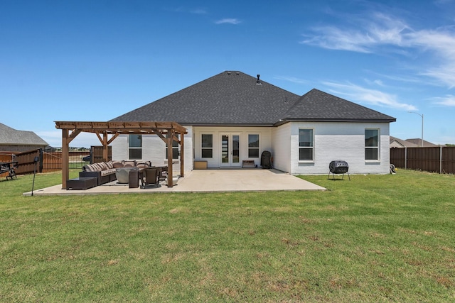 back of property with a pergola, a patio, a fenced backyard, french doors, and an outdoor hangout area