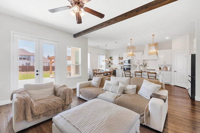 living room featuring dark wood-style floors, beamed ceiling, a ceiling fan, and french doors