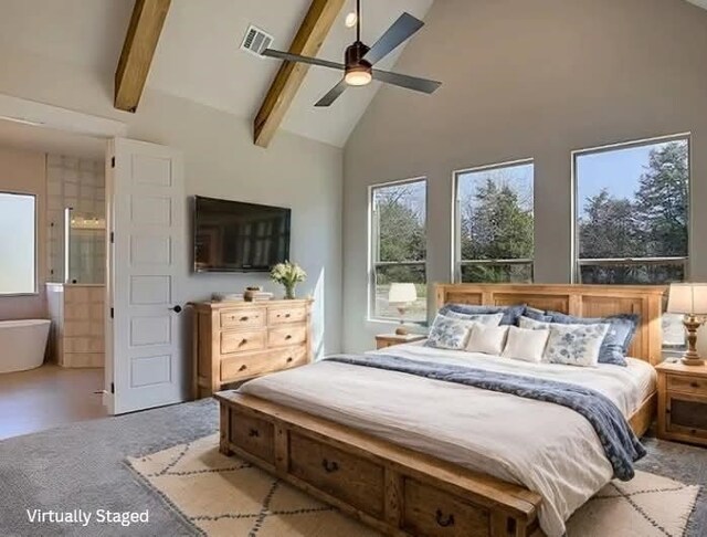bedroom with high vaulted ceiling, visible vents, beamed ceiling, connected bathroom, and a ceiling fan