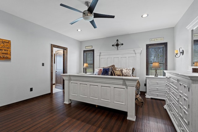 bedroom with recessed lighting, ceiling fan, and dark wood finished floors