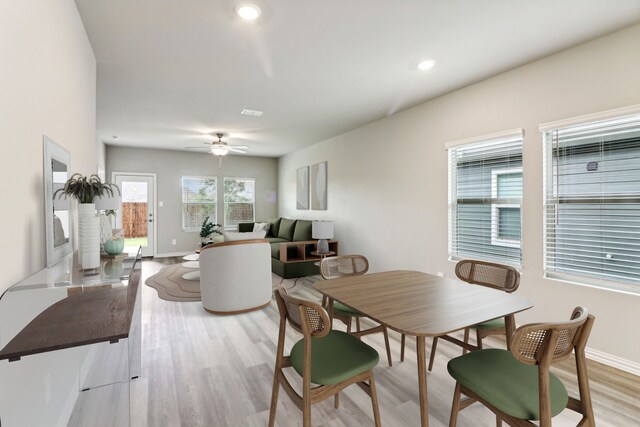 718 Caraway Dr, Princeton, TX 75071 - dining room with light wood-style floors, baseboards, a ceiling fan, and recessed lighting