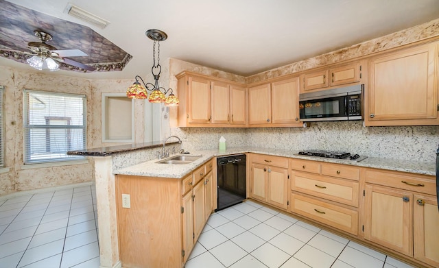 6608 Gold Dust Trl, Dallas, TX 75252 - kitchen featuring appliances with stainless steel finishes, a sink, light tile patterned flooring, light brown cabinets, and a peninsula