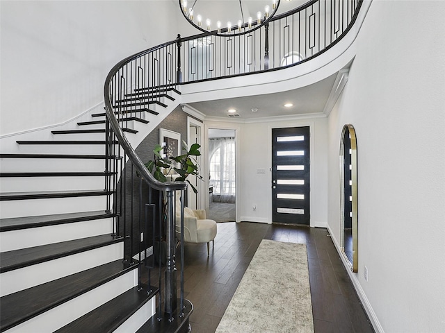3141 Sunfish St, Prosper, TX 75078 - foyer entrance featuring baseboards, a chandelier, stairs, hardwood / wood-style flooring, and ornamental molding