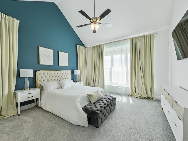 3141 Sunfish St, Prosper, TX 75078 - carpeted bedroom with a ceiling fan, baseboards, and high vaulted ceiling