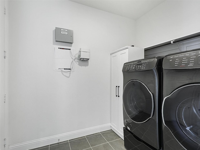 3141 Sunfish St, Prosper, TX 75078 - washroom featuring washing machine and clothes dryer, dark tile patterned flooring, baseboards, and cabinet space