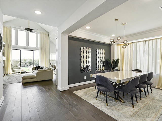 3141 Sunfish St, Prosper, TX 75078 - dining room featuring recessed lighting, dark wood-style floors, vaulted ceiling, baseboards, and ceiling fan with notable chandelier