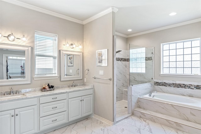 241 Loon Bay Dr, Gun Barrel City, TX 75156 - full bathroom featuring ornamental molding, a bath, marble finish floor, and a sink