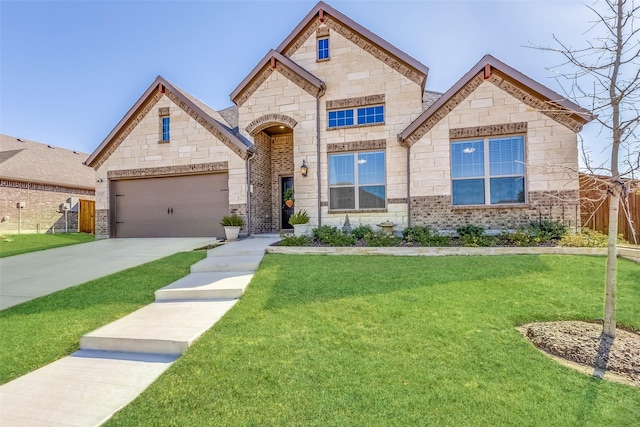 french country home with a front yard, fence, concrete driveway, a garage, and stone siding