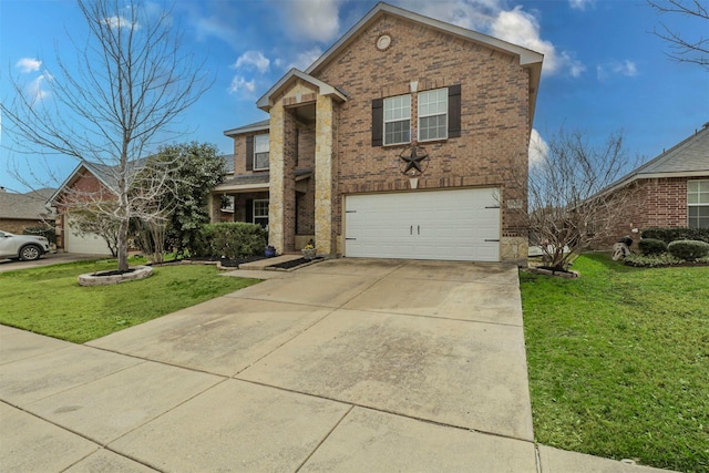 traditional-style home with brick siding, a garage, a front yard, and concrete driveway