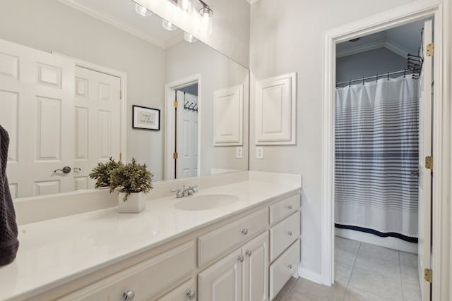 full bath featuring tile patterned flooring, vanity, and crown molding