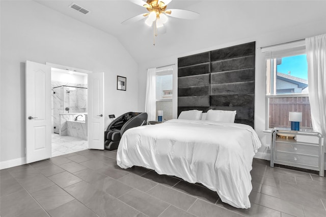 1411 Fishergate Dr, Forney, TX 75126 - bedroom with lofted ceiling, baseboards, ensuite bath, and a ceiling fan