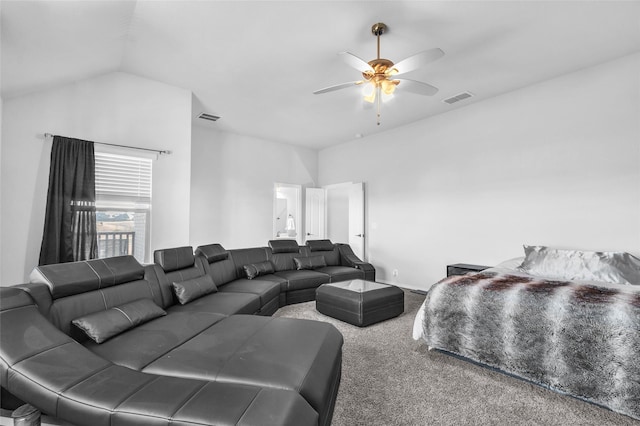1411 Fishergate Dr, Forney, TX 75126 - living room with ceiling fan, carpet floors, and lofted ceiling