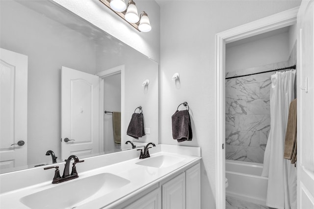 1411 Fishergate Dr, Forney, TX 75126 - bathroom with double vanity, marble look tile flooring, shower / tub combo, and toilet