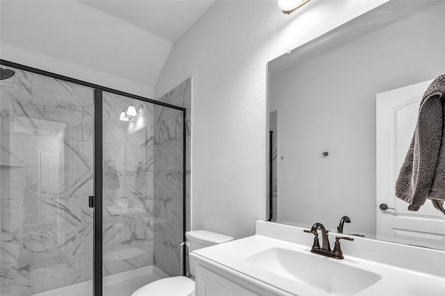 1411 Fishergate Dr, Forney, TX 75126 - full bathroom with vanity, a marble finish shower, toilet, and lofted ceiling
