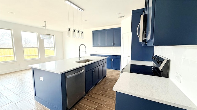 kitchen with stainless steel dishwasher, tasteful backsplash, a sink, electric range oven, and blue cabinetry